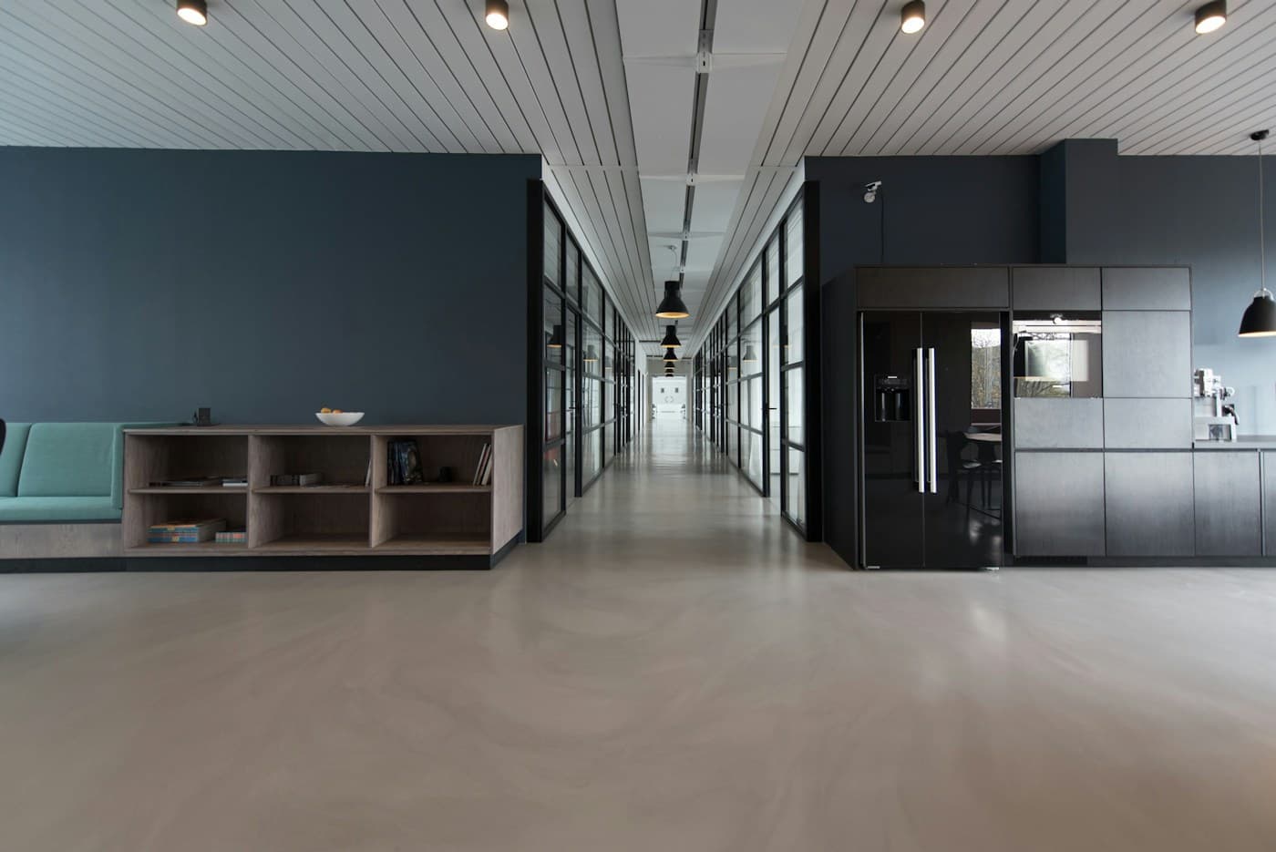 A modern workplace with connected offices and shared spaces